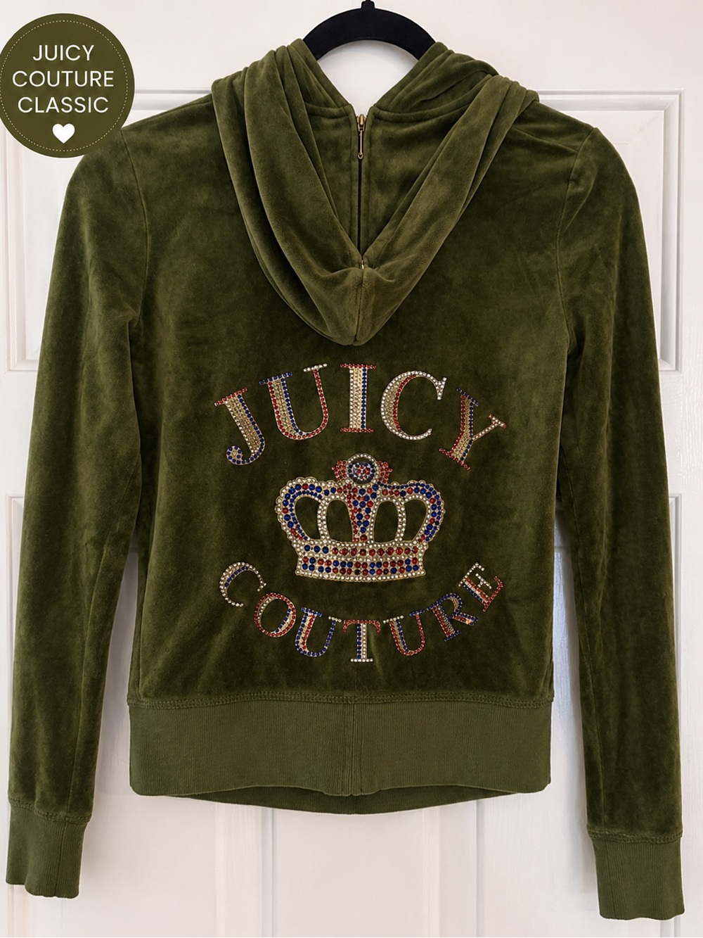 Juicy Couture Olive Green Velour Zip Hoodie | Made in USA | Women's Small - Picture 1 of 6